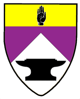 Per chevron purpure and argent, in base a doubled horned armorer's anvil sable and on a chief Or a hand sable. Random Arms